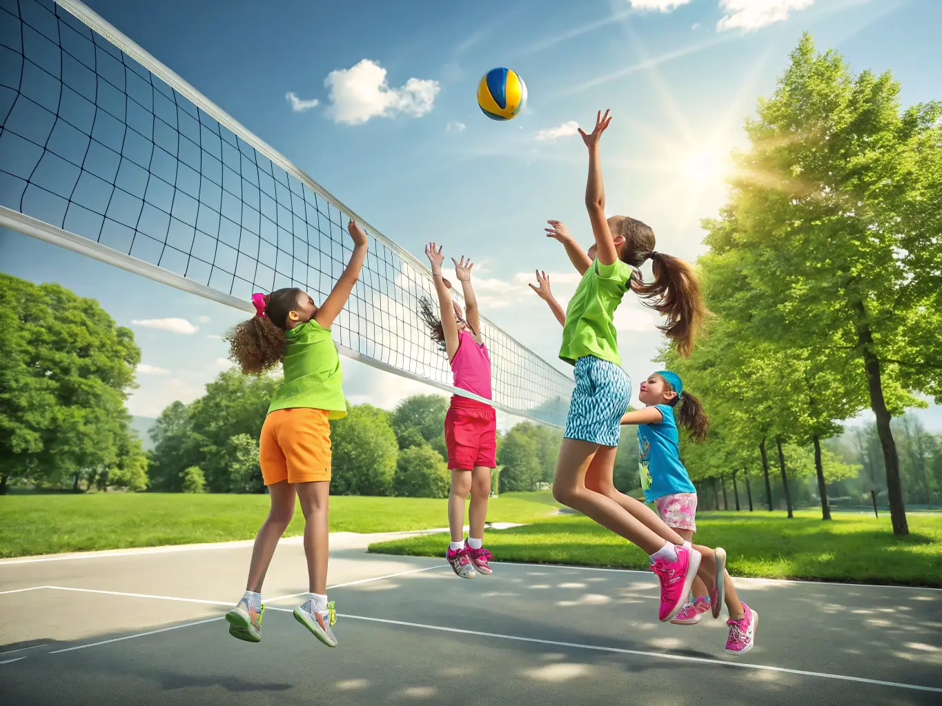 A vibrant image of young handball players in action during a training session, showcasing their energy and enthusiasm.