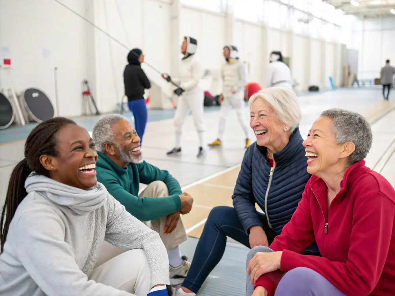 A photograph of club members participating in a community outreach event, interacting with local residents and promoting the benefits of sports.