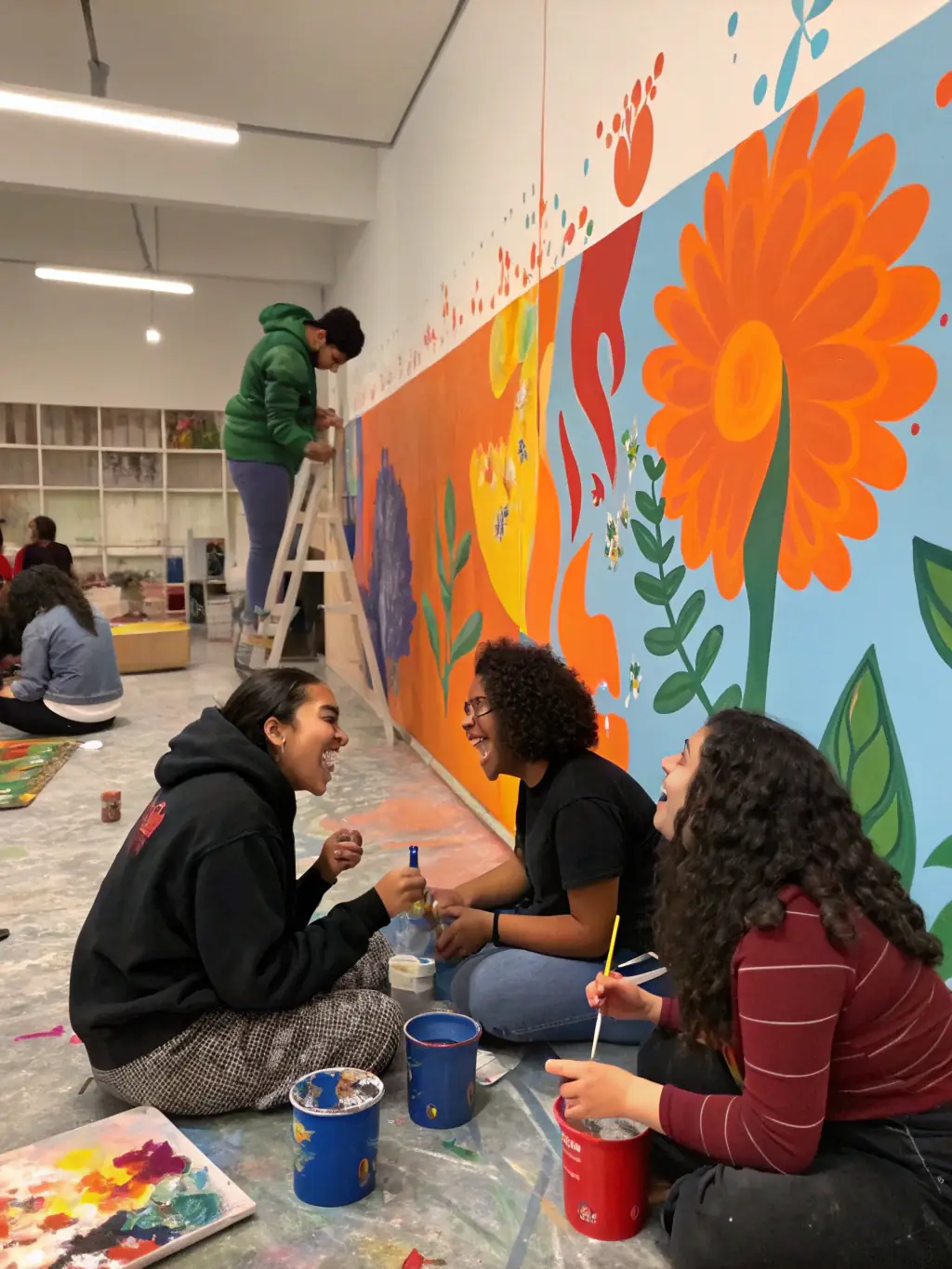 A collaborative art project in progress, with artists working together on a mural that reflects diverse cultural themes.